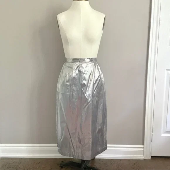 Vintage 70s Silver Metallic Tissue Lamé Lined Midi Party Skirt - M/28-29" - Picture 3 of 9